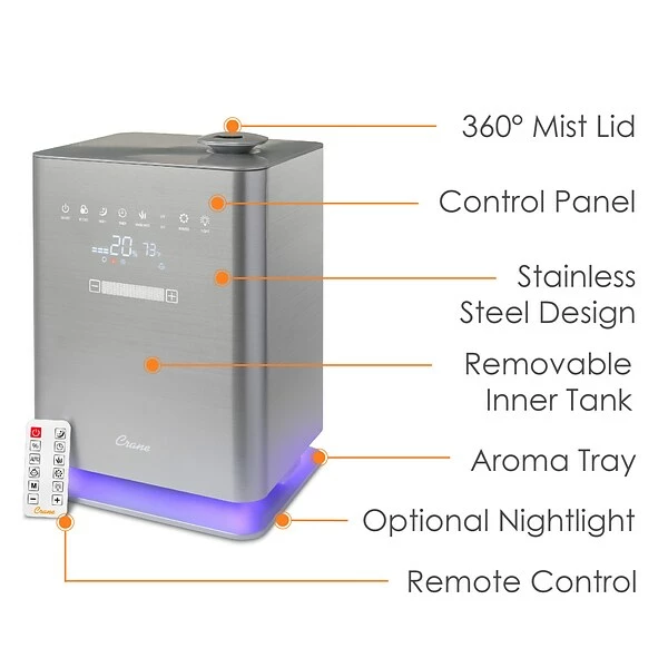 Humidifiers Crane Ultrasonic Cool & Warm Mist Console Humidifier, 1.3-Gallon, For Rooms 500 Sq. Ft., Metallic (EE-6913) 4 Humidifiers Crane Ultrasonic Cool & Warm Mist Console Humidifier, 1.3-Gallon, For Rooms 500 Sq. Ft., Metallic (EE-6913) - Image 2