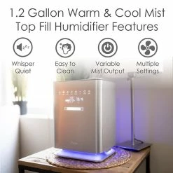 Humidifiers Crane Ultrasonic Cool & Warm Mist Console Humidifier, 1.3-Gallon, For Rooms 500 Sq. Ft., Metallic (EE-6913)
