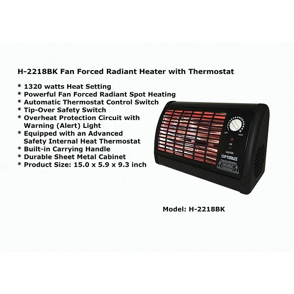 Heaters Optimus 1,320-Watt Portable Fan-Forced Radiant Heater With Thermostat, Black (H-2218BK) 7 Heaters Optimus 1,320-Watt Portable Fan-Forced Radiant Heater With Thermostat, Black (H-2218BK) - Image 5